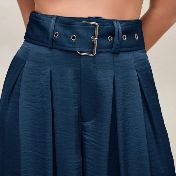 Blue Casual Women's High-Waisted Satin Pleated Wide Leg Elegant Long Pants - Picture 3 of 6